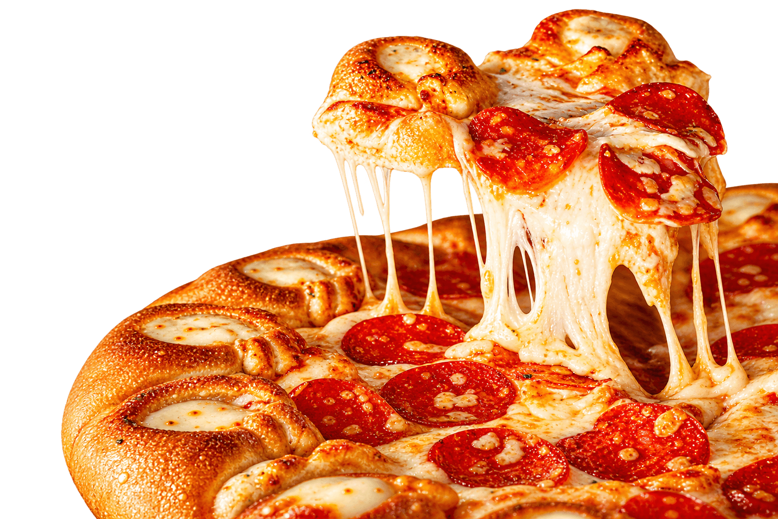 Pizza de pepperoni com uma fatia levantada e queijo derretido.